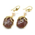 Серьги "Вечерние" с кварцем клубничным, золотистые