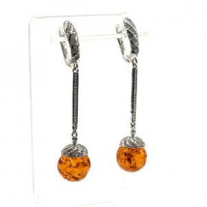 Серьги с янтарём и цирконами шарик 12мм св.коньячный, 4см, 6,7г (иск.)