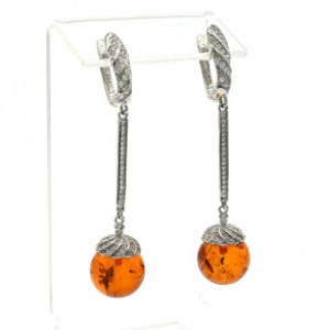 Серьги с янтарём и цирконами шарик 12мм коньячный, 4см, 6,7г (иск.)