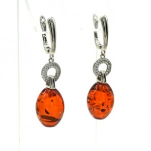 Серьги с янтарём и фианитами "Орбита" овал 12*17мм коньячный, 2,8см, 6,1г (иск.)