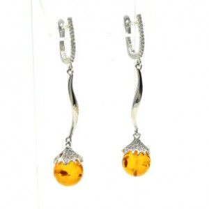 Серьги с янтарём шарик 10мм цвет медовый, 4см, 5г (иск.)