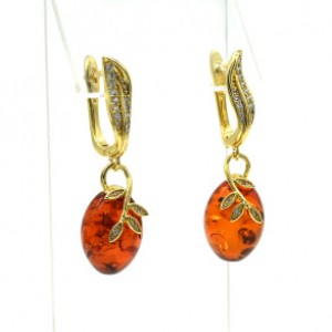 Серьги с янтарём в позолоте "Веточка" овал 12*17мм цвет коньячный, 6,8г (иск.)