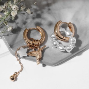 Серьги со съёмным элементом "Трансформер" птица, цвет белый, цвет золотистый