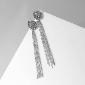 Серьги висячие "Тигр" цепочки, цвет серебро