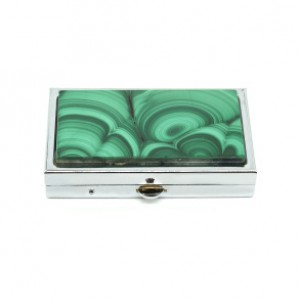 Таблетница карманная на 2 отсека с малахитом, серебристая