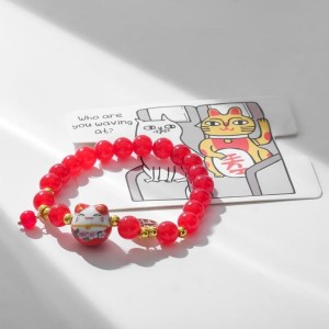 Браслет "Япония" кошечка с бусинами, цветной, цвет золотистый