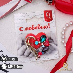 Брошь "Сердце" в камнях, цветная, цвет золотистый