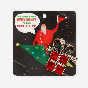 Брошь "Подарок" с бантиком, цвет красно-белый, цвет золотистый