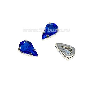 Стразы Капля 13*8 мм индиго/оправа серебро, 1 штука