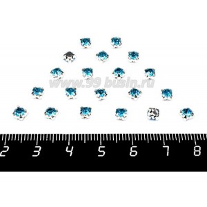 Шатоны стеклянные 4 мм цвет морская волна/оправа серебро Китай 30 штук/упаковка