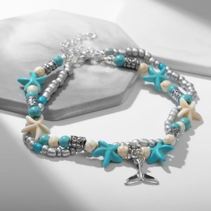 Браслет на ногу "Морской" хвостик, цвет бело-голубой, цвет серебристый