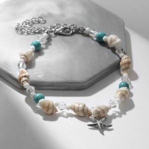 Браслет на ногу "Морская звезда", цвет бело-голубой, цвет серебристый, 7см