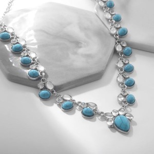 Колье под натуральный камень бирюза (имитация) с лунным камнем, цвет бело-голубой, цвет серебристый