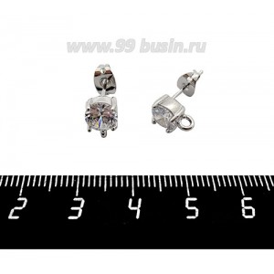 Основа для пусет Премиум Циркон с петелькой 9*6 мм, металлические заглушки, родированные, 1 пара