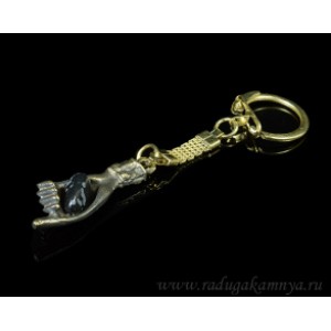 Брелок из бронзы "Рука" с обсидианом снежным, 15*40мм.