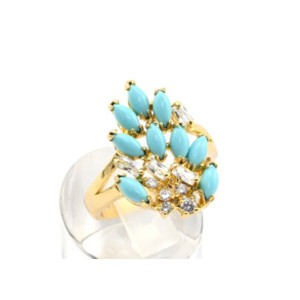 Кольцо позолоченное с бирюзой (имитация) "Гроздь",  (иск.)