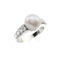 Кольцо с жемчугом 10мм и стразами, белый, безразмерное