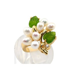 Кольцо с позолотой из жемчуга с нефритом "Букет" 18 Кольцо с позолотой из жемчуга с нефритом "Букет" 18