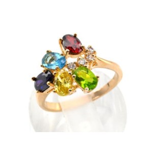 Кольцо позолоченное "Галочка" с цирконом мульти,  (иск.)