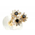 Кольцо позолоченное "Три цветка" с чёрным цирконом и белым,  (иск.)