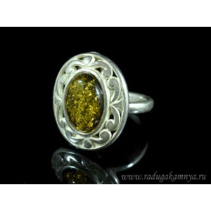 Кольцо с янтарём в посеребрении "маркиза" 18*22мм зеленый (иск.)