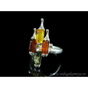 Кольцо с янтарём в посеребрении ромб 12*29мм лимонный. зеленый, коньячный (иск.)