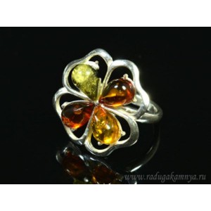 Кольцо с янтарём в посеребрении 4 лепестка 23мм ассорти (иск.)
