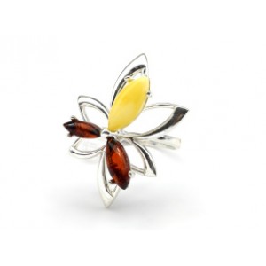 Кольцо с янтарем C925 "3 лепестка" 23*28мм молочный, коньячный , 4,23гр (иск.)