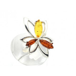 Кольцо с янтарем C925 "3 лепестка" 23*28мм коньячный, лимонный , 4,44гр (иск.)