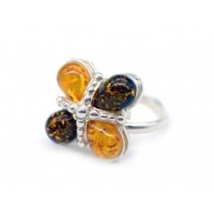 Кольцо с янтарём в посеребрении 4 капельки 16мм медовый, зеленый (иск.)