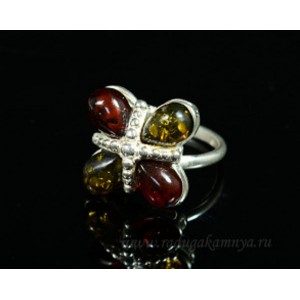 Кольцо с янтарём в посеребрении 4 капельки 16мм коньячный, зеленый (иск.)