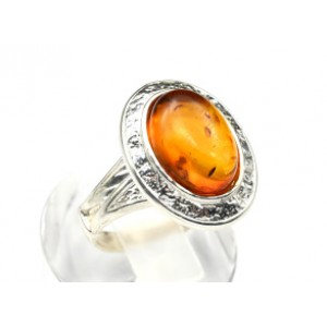 Кольцо с янтарем C925 овал 16*20мм коньячный , 4,67гр (иск.)