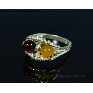 Кольцо с янтарём в посеребрении "сладкая парочка" медовый, коньячный (иск.)