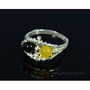 Кольцо с янтарём в посеребрении "сладкая парочка" медовый, кофейный (иск.)