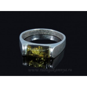 Кольцо с янтарём в посеребрении прямоугольник 10*5мм зеленый (иск.)