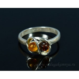 Кольцо с янтарём в посеребрении 2 шарика 4мм медовый, коньячный (иск.)