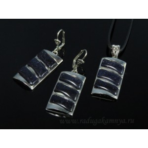 Кулон и серьги из авантюрина синего прямоугольник 18*38мм, 44см (иск.)
