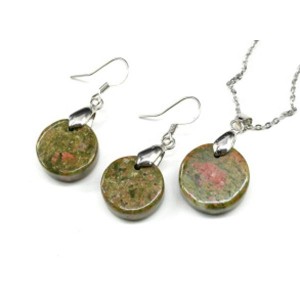 Серьги и Кулон на цепочке с унакитом круг 15мм, 18мм, 44см