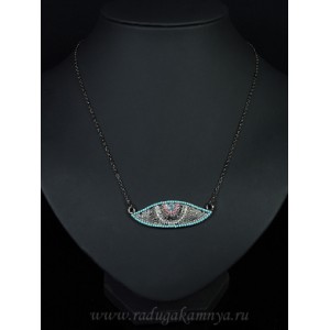 Кулон на цепочке с фианитами "Глаз" 46*15мм, бирюзово-розовый. (иск.)