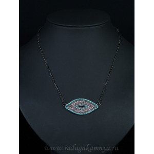 Кулон на цепочке с фианитами "Рис" 40*20мм, бирюзово-розовый. (иск.)