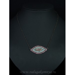 Кулон на цепочке с фианитами "Рис" 40*20мм, бирюзовый, розовый, желтый. (иск.)