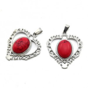 Кулон в виде Сердца 35*38мм с кораллом искусственным (иск.)
