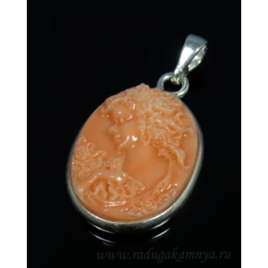 Коралл оранжевый искусственный Кулон в посеребрении Камея 20*27мм (иск.)