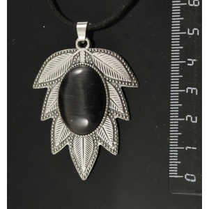 Кулон из кошачьего глаза черного (иск.) "лист", цвет ант. серебро, овал 25х18мм