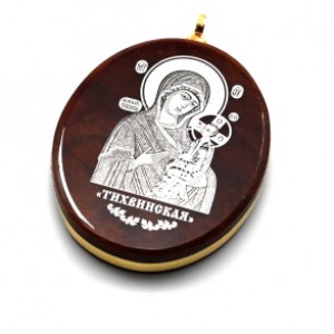 Кулон из обсидиана с окантовкой Тихвинская Богород. овал 2,5 см