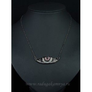 Кулон на цепочке с фианитами "Глаз" 46*15мм, черно-розовый. (иск.)