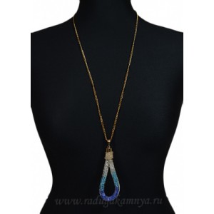 Кулон с цирконами в сеточке  на "золотой "цепочке цвет белый, голубой, васильковый, 75см (иск.)