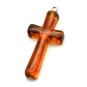 Крестик на шею из янтаря 20*38мм цвет коньячный (иск.)