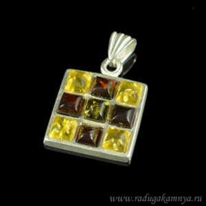 Кулон с янтарём в посеребрении квадрат 19мм коньячный, лимонный, зеленый (иск.)