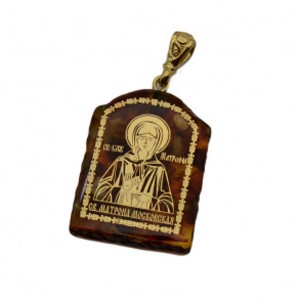 Кулон с янтарем иконка "Блаженная Матрона Московская" арка 23*31мм. (иск.)